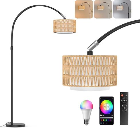Arc Floor Lamp with Remote Control, Dimmable LED Floor Light with 3 Color Temperature, Black Standing Lamp with Rattan & Fabric Double Drum Shade, Boho Farmhouse Tall Floor Lamp for Living Room in Saudi Arabia
