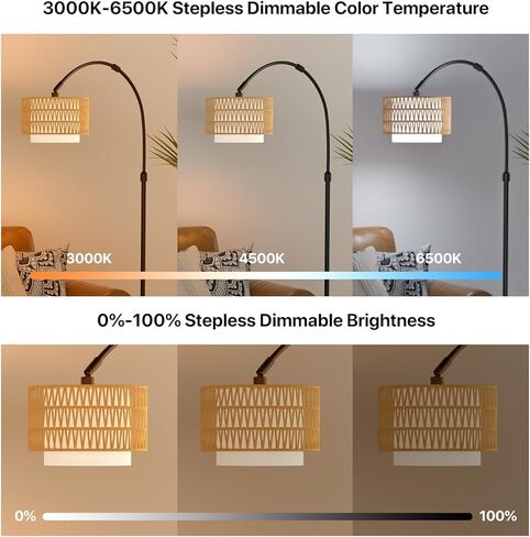 Arc Floor Lamp with Remote Control, Dimmable LED Floor Light with 3 Color Temperature, Black Standing Lamp with Rattan & Fabric Double Drum Shade, Boho Farmhouse Tall Floor Lamp for Living Room in Saudi Arabia