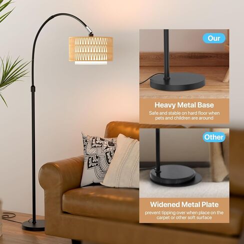 Arc Floor Lamp with Remote Control, Dimmable LED Floor Light with 3 Color Temperature, Black Standing Lamp with Rattan & Fabric Double Drum Shade, Boho Farmhouse Tall Floor Lamp for Living Room in Saudi Arabia