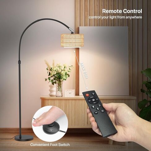 Arc Floor Lamp with Remote Control, Dimmable LED Floor Light with 3 Color Temperature, Black Standing Lamp with Rattan & Fabric Double Drum Shade, Boho Farmhouse Tall Floor Lamp for Living Room in Saudi Arabia
