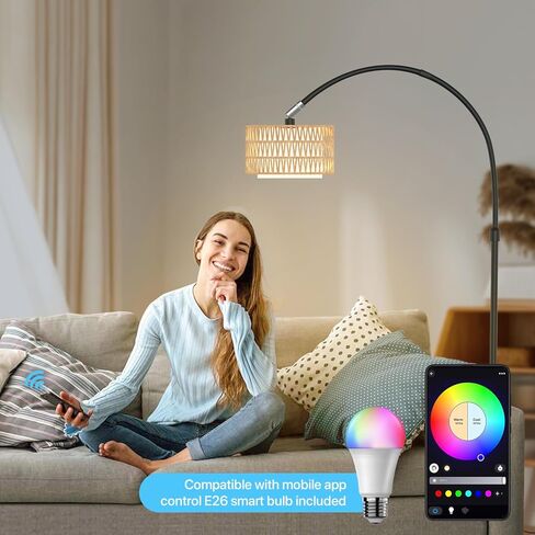 Arc Floor Lamp with Remote Control, Dimmable LED Floor Light with 3 Color Temperature, Black Standing Lamp with Rattan & Fabric Double Drum Shade, Boho Farmhouse Tall Floor Lamp for Living Room in Saudi Arabia