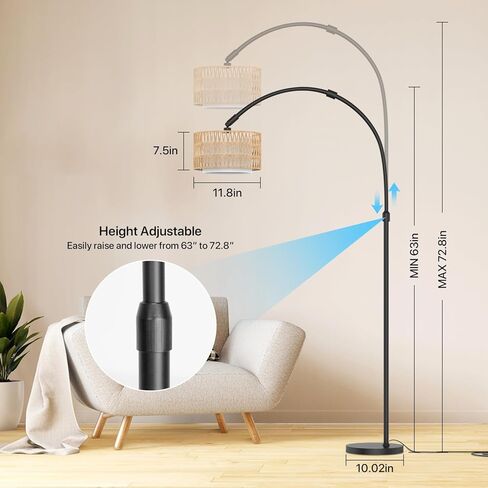 Arc Floor Lamp with Remote Control, Dimmable LED Floor Light with 3 Color Temperature, Black Standing Lamp with Rattan & Fabric Double Drum Shade, Boho Farmhouse Tall Floor Lamp for Living Room in Saudi Arabia