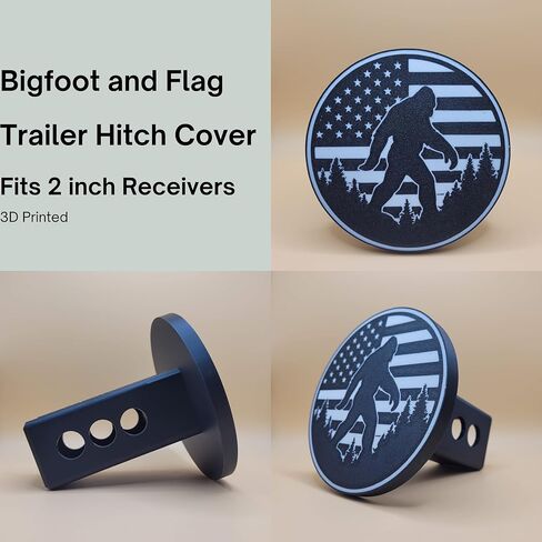Bigfoot American Flag Trailer Hitch Cover, 2 Inch Receiver, Black and White, 3D Printed in Saudi Arabia