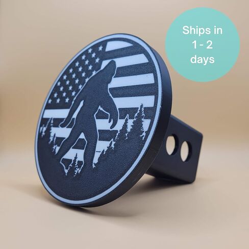 Bigfoot American Flag Trailer Hitch Cover, 2 Inch Receiver, Black and White, 3D Printed in Saudi Arabia