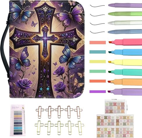Floral Christian Butterfly Cross 26 Pcs Journaling Kit Size L-2XL Bible Case Covers Bag Study Supplies PU Leather for Women in Kuwait