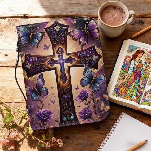 Floral Christian Butterfly Cross 26 Pcs Journaling Kit Size L-2XL Bible Case Covers Bag Study Supplies PU Leather for Women in Kuwait