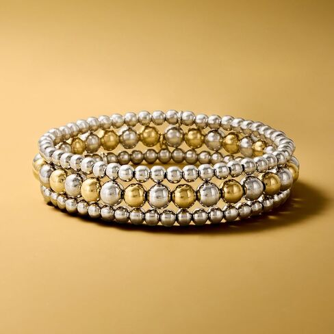 Ross-Simons Italian 2-Tone Sterling Silver Jewelry Set: 3 4-6mm Bead Stretch Bracelets. 8 inches in Saudi Arabia