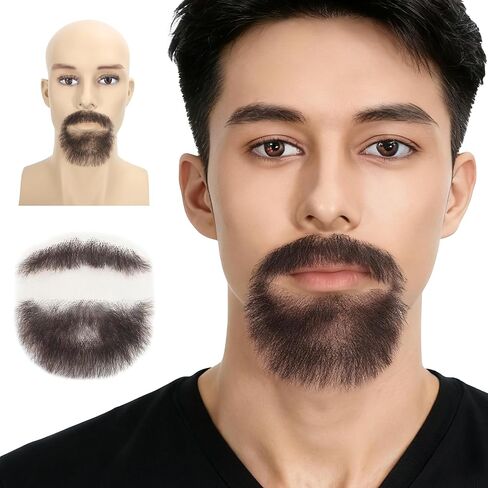 لحية وسكسوكة مزيفة من Adytom، شعر بشري بني بقاعدة من الدانتيل معقود يدويًا، زي الهالوين الواقعي، شارب زائف وسوكة (بني داكن) in Kuwait