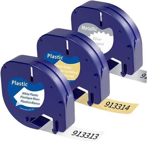 Plastic Label Tape Replacement, Compatible with Dymo Letratag Label Maker Refills LT-100H LT-100T 200B, 3 Pack(White Glitter, Golden, Silver), 12mm x 4m (0.47''x13') in Saudi Arabia