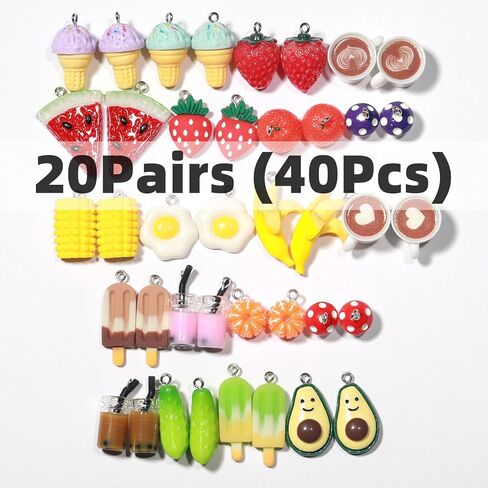 MGGFBLEY 40PCS(20PAIRS) Food Charms for Jewelry Making – Cute Resin Earring & Keychain, Kawaii Bulk Mini Charms for Craft DIY, Kandi, Bag & Rave Accessories in Saudi Arabia