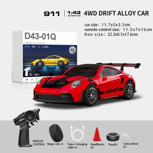1:43 RC Drift Car D43-01 - 2.4G نسبة كاملة 4WD سبيكة 20KM/H عالية السرعة RC سيارة سباق مع جيرو، محامل صامتة، سرعة قابلة للتعديل وإضاءة (Q2/أحمر/D43-01) in Kuwait