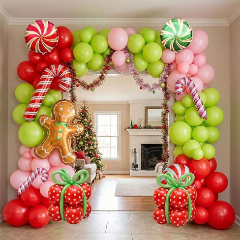 143 Pcs Christmas Balloons Garland Arch Kit with Xmas Red Pink Green Balloons Candy Cane & Swirl Foil Balloons for Holiday Party Decorations Xmas Backdrop Birthday Party Supplies in Kuwait