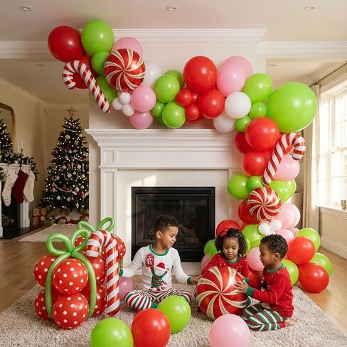 143 Pcs Christmas Balloons Garland Arch Kit with Xmas Red Pink Green Balloons Candy Cane & Swirl Foil Balloons for Holiday Party Decorations Xmas Backdrop Birthday Party Supplies in Kuwait