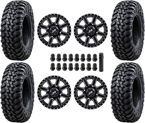 مجموعة كاملة من Tusk Aramid شديدة التحمل 10 طبقات مقاس 28x10-14 إطارات UTV شعاعية مثبتة على عجلات Tusk Cascade المتوافقة مع نمط مسمار Polaris RZR 4/156 - تتضمن صواميل العروة/المفتاح (إزاحة العجلات 4+3، الماكينة/أسود) in Saudi Arabia