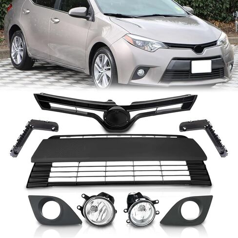 Front Bumper Upper & Lower Grille + Foglights Set + Bumper Support Brackets Fit For 2014 2015 2016 Toyota Corolla LE CE Sedan 4-Door Front Grille Grill Kit in Kuwait