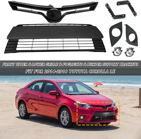 Front Bumper Upper & Lower Grille + Foglights Set + Bumper Support Brackets Fit For 2014 2015 2016 Toyota Corolla LE CE Sedan 4-Door Front Grille Grill Kit in Kuwait