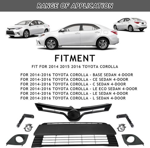 Front Bumper Upper & Lower Grille + Foglights Set + Bumper Support Brackets Fit For 2014 2015 2016 Toyota Corolla LE CE Sedan 4-Door Front Grille Grill Kit in Kuwait