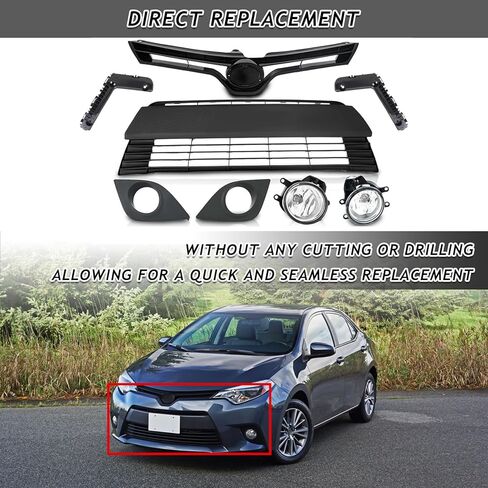 Front Bumper Upper & Lower Grille + Foglights Set + Bumper Support Brackets Fit For 2014 2015 2016 Toyota Corolla LE CE Sedan 4-Door Front Grille Grill Kit in Kuwait