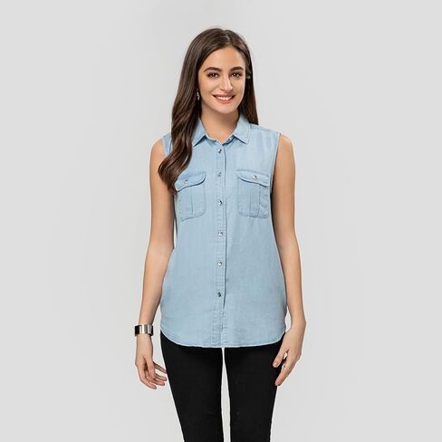 Women's V Neck Denim Tank Button Down Sleeveless Shirts Collared Casual Jeans Blouse Tops in Saudi Arabia