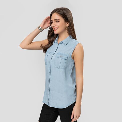 Women's V Neck Denim Tank Button Down Sleeveless Shirts Collared Casual Jeans Blouse Tops in Saudi Arabia