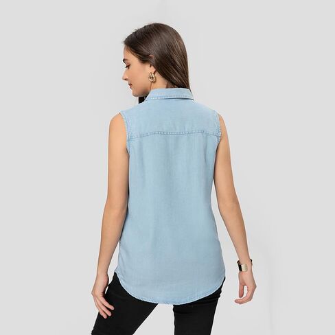 Women's V Neck Denim Tank Button Down Sleeveless Shirts Collared Casual Jeans Blouse Tops in Saudi Arabia