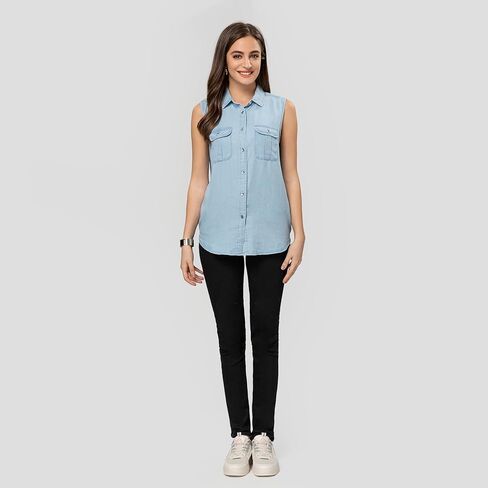 Women's V Neck Denim Tank Button Down Sleeveless Shirts Collared Casual Jeans Blouse Tops in Saudi Arabia