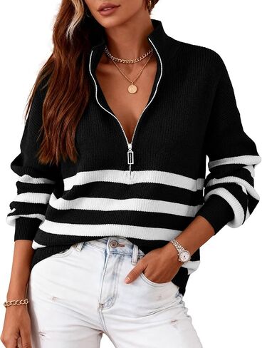 BTFBM Women 2023 Casual Long Sleeve Zip Striped Pullover Sweaters V Neck Collar Ribbed Knit Fall Winter Slouchy Jumpers in Kuwait