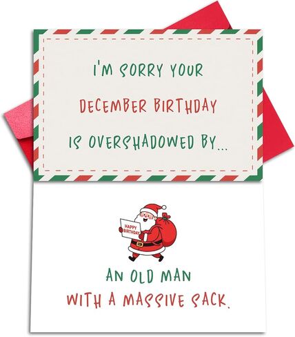 بطاقة عيد ميلاد مضحكة على الوجهين لشهر ديسمبر لعائلة الأصدقاء، بطاقة هدية عيد ميلاد سعيد لها (أنا آسف لأن عيد ميلادك في شهر ديسمبر قد طغى عليه رجل عجوز يحمل كيسًا ضخمًا) in Kuwait