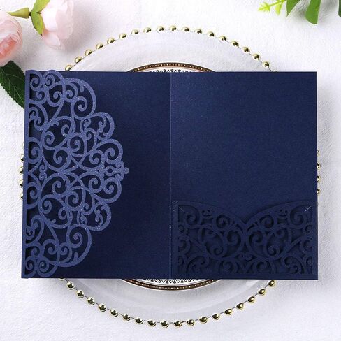 ponatia 5.12 x 7.2 Laser Cut Invitation Pocket, 20PCS Tri-Fold 5 x 7 Laser Cut Wedding Invitation Pockets with Envelopes for Wedding Bbay Shower Birthday Sweet 16 Invite (Navy Blue, No Inner Sheet) in Saudi Arabia