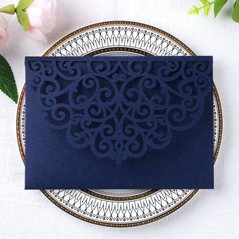 ponatia 5.12 x 7.2 Laser Cut Invitation Pocket, 20PCS Tri-Fold 5 x 7 Laser Cut Wedding Invitation Pockets with Envelopes for Wedding Bbay Shower Birthday Sweet 16 Invite (Navy Blue, No Inner Sheet) in Saudi Arabia