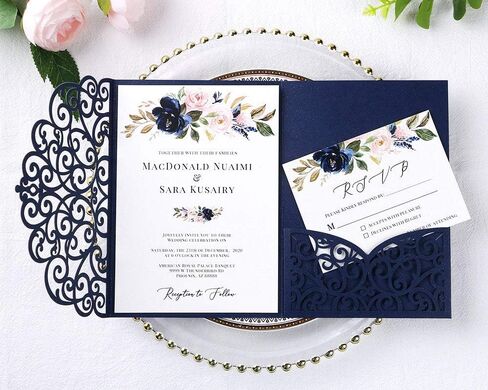 ponatia 5.12 x 7.2 Laser Cut Invitation Pocket, 20PCS Tri-Fold 5 x 7 Laser Cut Wedding Invitation Pockets with Envelopes for Wedding Bbay Shower Birthday Sweet 16 Invite (Navy Blue, No Inner Sheet) in Saudi Arabia