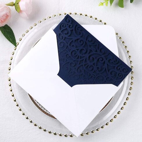 ponatia 5.12 x 7.2 Laser Cut Invitation Pocket, 20PCS Tri-Fold 5 x 7 Laser Cut Wedding Invitation Pockets with Envelopes for Wedding Bbay Shower Birthday Sweet 16 Invite (Navy Blue, No Inner Sheet) in Saudi Arabia
