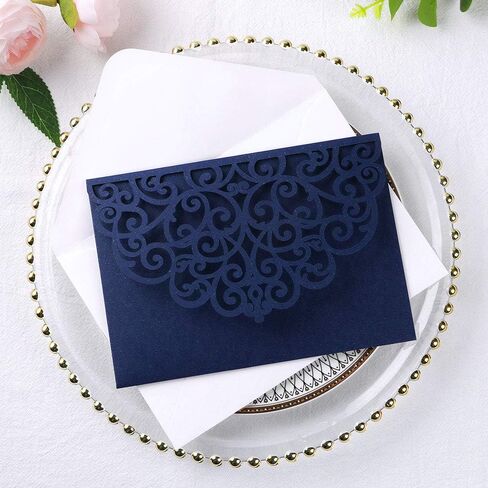 ponatia 5.12 x 7.2 Laser Cut Invitation Pocket, 20PCS Tri-Fold 5 x 7 Laser Cut Wedding Invitation Pockets with Envelopes for Wedding Bbay Shower Birthday Sweet 16 Invite (Navy Blue, No Inner Sheet) in Saudi Arabia