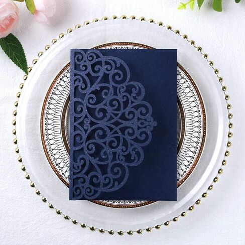 ponatia 5.12 x 7.2 Laser Cut Invitation Pocket, 20PCS Tri-Fold 5 x 7 Laser Cut Wedding Invitation Pockets with Envelopes for Wedding Bbay Shower Birthday Sweet 16 Invite (Navy Blue, No Inner Sheet) in Saudi Arabia