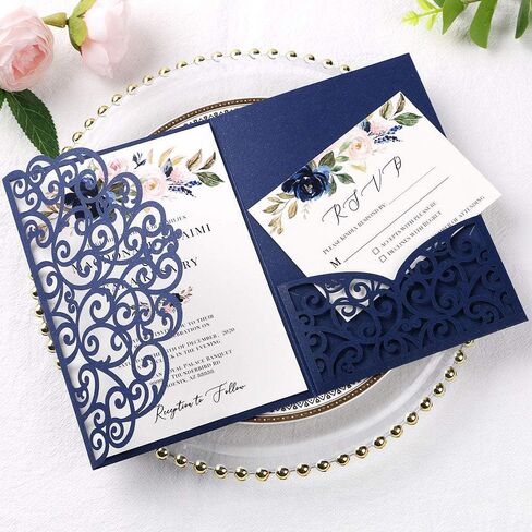 ponatia 5.12 x 7.2 Laser Cut Invitation Pocket, 20PCS Tri-Fold 5 x 7 Laser Cut Wedding Invitation Pockets with Envelopes for Wedding Bbay Shower Birthday Sweet 16 Invite (Navy Blue, No Inner Sheet) in Saudi Arabia