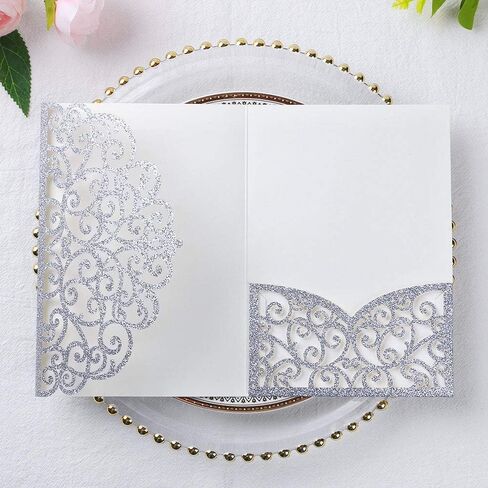 ponatia 5.12 x 7.2 Laser Cut Invitation Pocket, 20PCS Tri-Fold 5 x 7 Laser Cut Wedding Invitation Pockets with Envelopes for Wedding Bbay Shower Birthday Sweet 16 Invite (Navy Blue, No Inner Sheet) in Saudi Arabia