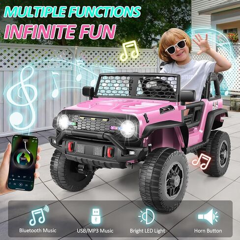Hikole 24V Kids Ride on Car with Remote Control, 4×100W, Ride on Toys, 2 Kids Side by Side, Electric Truck w/2 Hooks, Safety Belt, Steering Wheel, Real Driving Experience, Shovel, Music, Pink in Saudi Arabia