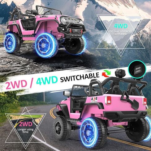 Hikole 24V Kids Ride on Car with Remote Control, 4×100W, Ride on Toys, 2 Kids Side by Side, Electric Truck w/2 Hooks, Safety Belt, Steering Wheel, Real Driving Experience, Shovel, Music, Pink in Saudi Arabia