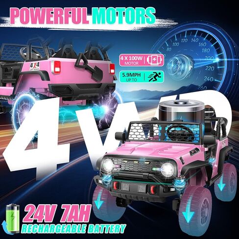 Hikole 24V Kids Ride on Car with Remote Control, 4×100W, Ride on Toys, 2 Kids Side by Side, Electric Truck w/2 Hooks, Safety Belt, Steering Wheel, Real Driving Experience, Shovel, Music, Pink in Saudi Arabia