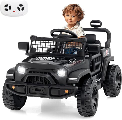 OLAKIDS 12V Ride On Truck, Battery Powered Electric Vehicle for Kids with Remote Control, Foldable Reflective Mirror, Spring Suspension, Music, LED Lights, Ride on Toy for 3+ Boys Girls (Black) in Saudi Arabia
