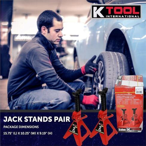 K Tool International 61201 2 Ton Automotive Jack Stands for Garages, Repair Shops, and DIY, Lightweight, 4,000 lbs. Capacity, Heavy Duty Steel Frame, Adjustable Height 10.75"-16.73", Red/Black, Pair in Saudi Arabia