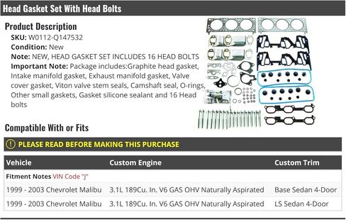 Cylinder Head Gasket Set with Head Bolts - Compatible with 1999-2003 Chevy Malibu 3.1L V6 (VIN Code J) in Saudi Arabia