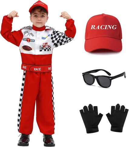 Race Car Driver Costume Boys Racing Suit with Car Cap Sunglasses Kids Racer Dress Up for Halloween in Saudi Arabia