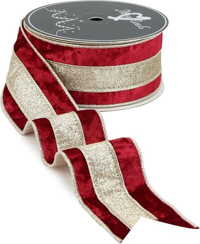 MAYREEL Burgundy Crushed Velvet Wired Ribbon 2.5 Inch Christmas Ribbon with Champagne Gold Glitter Stripe, 10-Yard Roll for Christmas Tree, Wreaths, Garlands, Bows & Elegant Holiday Décor in Saudi Arabia