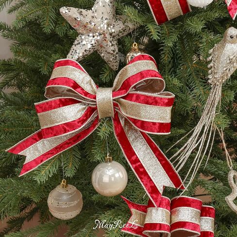 MAYREEL Burgundy Crushed Velvet Wired Ribbon 2.5 Inch Christmas Ribbon with Champagne Gold Glitter Stripe, 10-Yard Roll for Christmas Tree, Wreaths, Garlands, Bows & Elegant Holiday Décor in Saudi Arabia