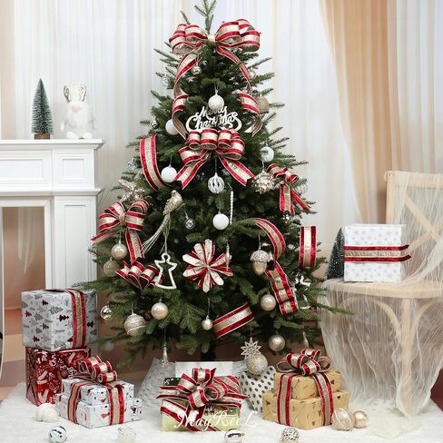 MAYREEL Burgundy Crushed Velvet Wired Ribbon 2.5 Inch Christmas Ribbon with Champagne Gold Glitter Stripe, 10-Yard Roll for Christmas Tree, Wreaths, Garlands, Bows & Elegant Holiday Décor in Saudi Arabia