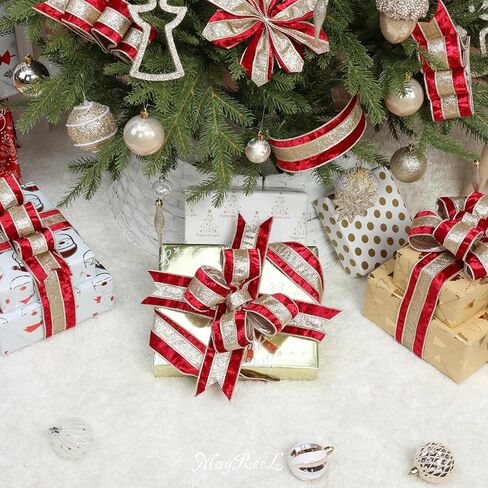 MAYREEL Burgundy Crushed Velvet Wired Ribbon 2.5 Inch Christmas Ribbon with Champagne Gold Glitter Stripe, 10-Yard Roll for Christmas Tree, Wreaths, Garlands, Bows & Elegant Holiday Décor in Saudi Arabia