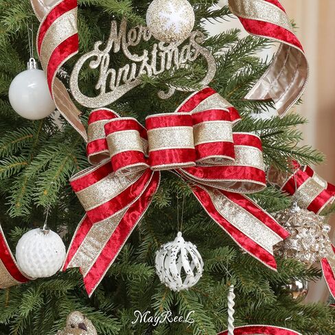 MAYREEL Burgundy Crushed Velvet Wired Ribbon 2.5 Inch Christmas Ribbon with Champagne Gold Glitter Stripe, 10-Yard Roll for Christmas Tree, Wreaths, Garlands, Bows & Elegant Holiday Décor in Saudi Arabia