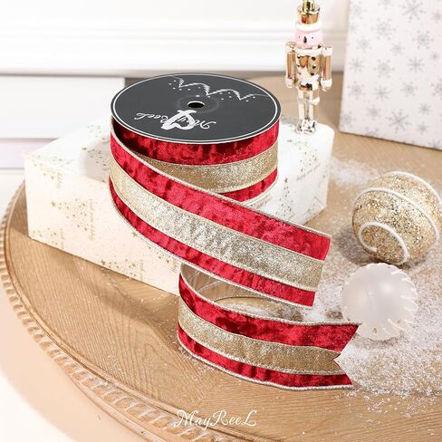 MAYREEL Burgundy Crushed Velvet Wired Ribbon 2.5 Inch Christmas Ribbon with Champagne Gold Glitter Stripe, 10-Yard Roll for Christmas Tree, Wreaths, Garlands, Bows & Elegant Holiday Décor in Saudi Arabia
