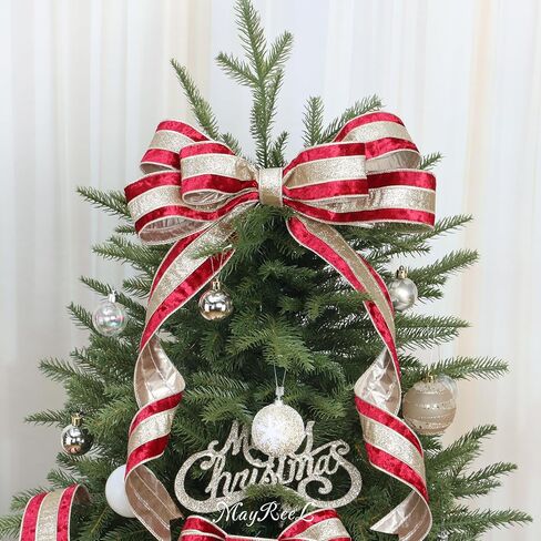 MAYREEL Burgundy Crushed Velvet Wired Ribbon 2.5 Inch Christmas Ribbon with Champagne Gold Glitter Stripe, 10-Yard Roll for Christmas Tree, Wreaths, Garlands, Bows & Elegant Holiday Décor in Saudi Arabia